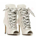 Women's Patchwork Slouchy Heeled Ankle Boots Open Toe Stiletto Lacing