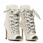 Women's Patchwork Slouchy Heeled Ankle Boots Open Toe Stiletto Lacing
