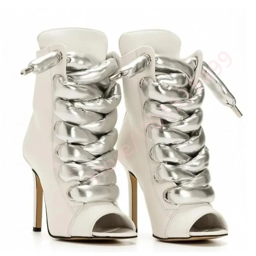 Women's Patchwork Slouchy Heeled Ankle Boots Open Toe Stiletto Lacing