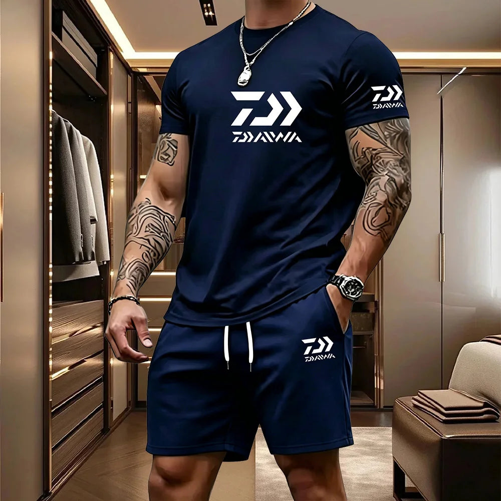 Men's Casual Round Neck T-Shirt and Drawstring Shorts Set