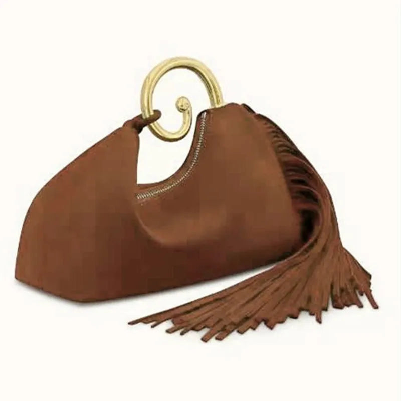 Women's Tassel Metal Handle Faux Suede Tote Bag