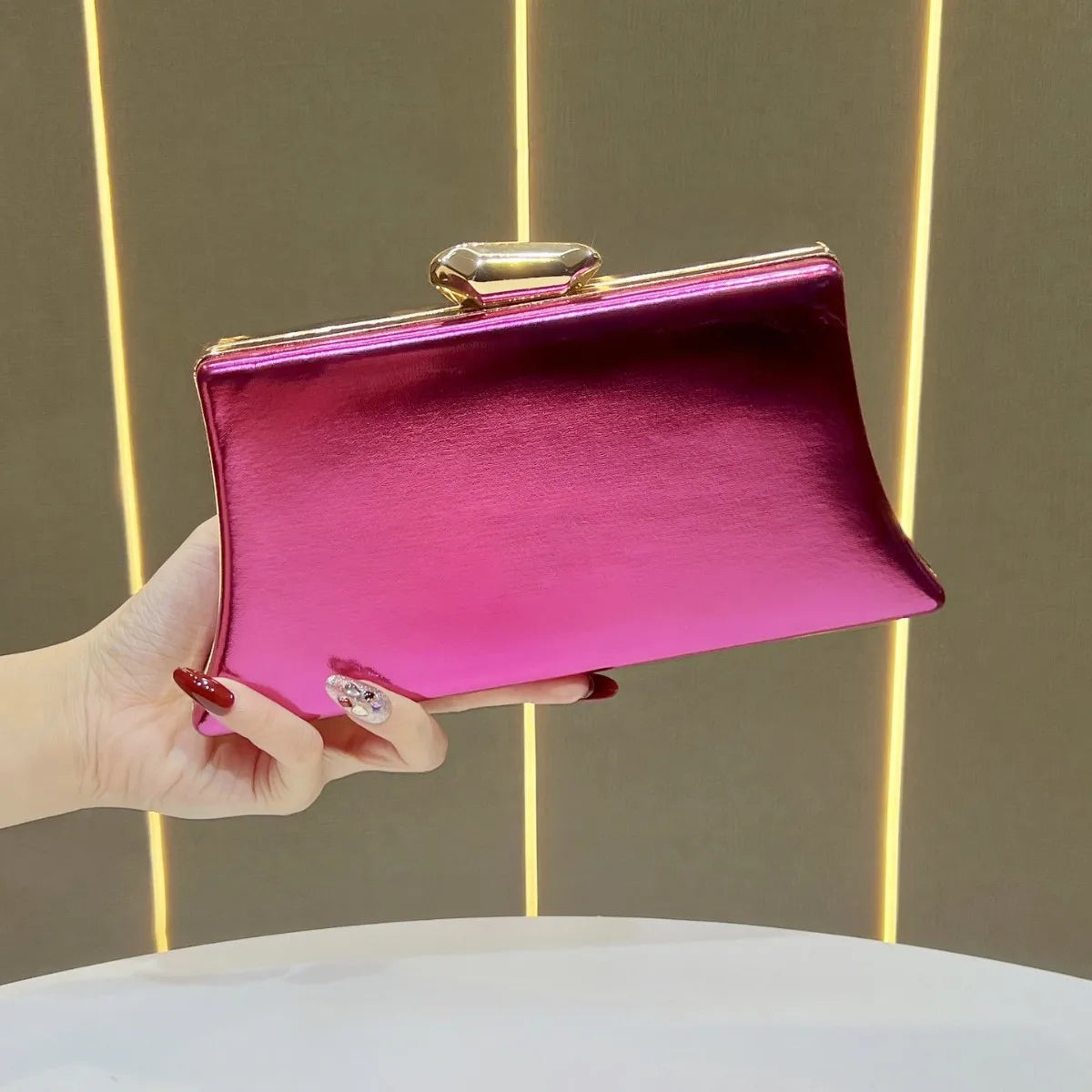 Women's Metallic Trapezoid Evening Clutch Bag with Gold Clasp