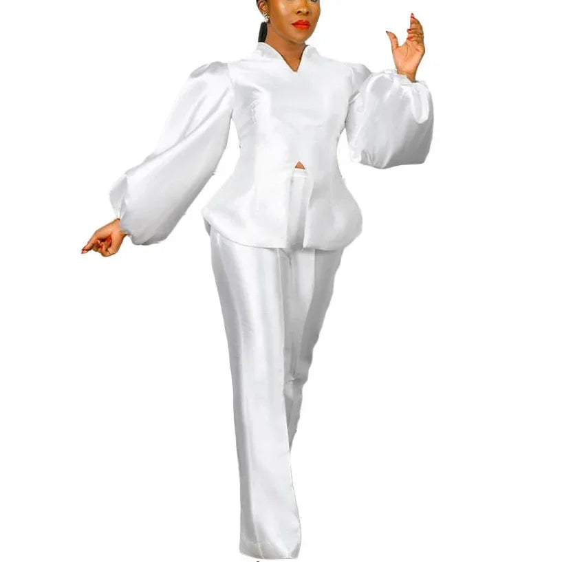 Women's Solid Satin Blouse and Straight Trousers Pants Set