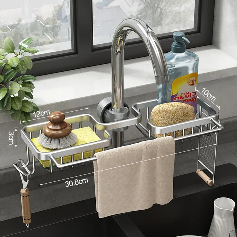 Kitchen Space Aluminum Sink Drain Rack and Sponge Storage Holder