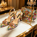 Women's Pointed Toe Rhinestone Heels and Handbag Set