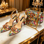 Women's Pointed Toe Rhinestone Heels and Handbag Set