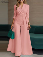 Women's Belted Blazer Wide Leg Pants Suit