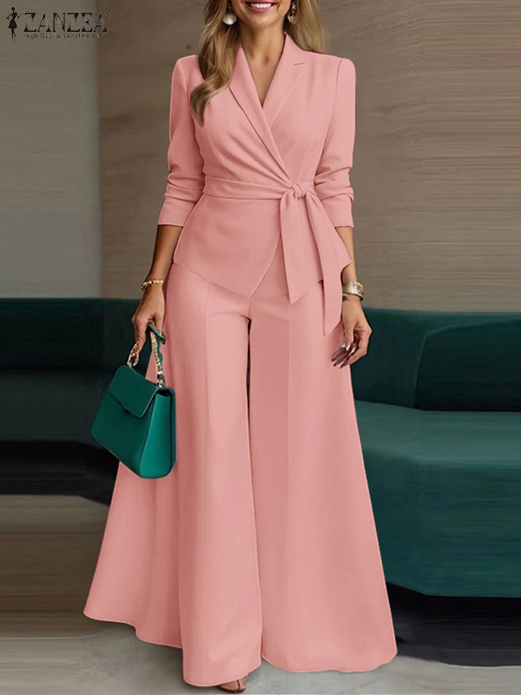 Women's Belted Blazer Wide Leg Pants Suit