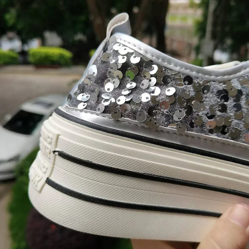 Women's Thick Sole Canvas Sneakers Crystal Pearl Studs Butterfly Knot