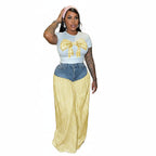 Women's Patchwork Wide Leg Jeans Two-Piece Plaid Tracksuit Set