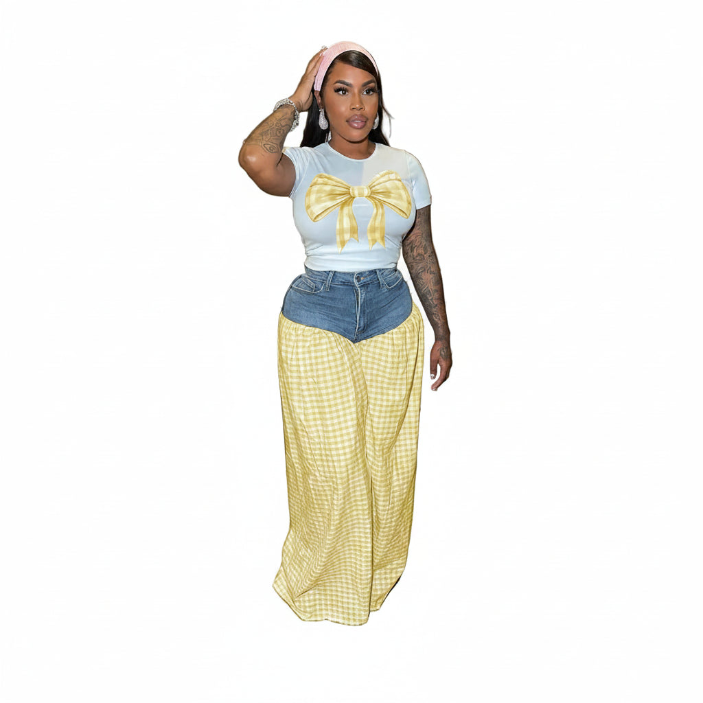 Women's Patchwork Wide Leg Jeans Two-Piece Plaid Tracksuit Set