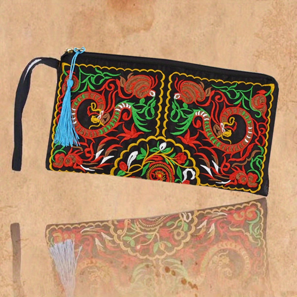 Vintage Embroidered Ethnic Style Long Wallet Wristlet Clutch Bag