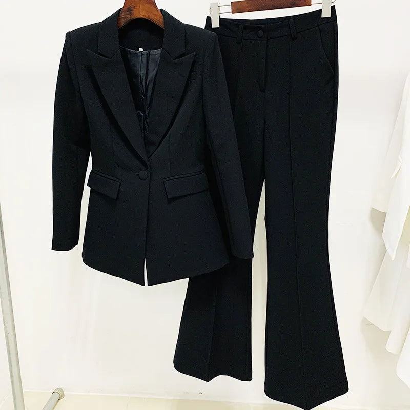Women's Single Button Blazer and Flared Pants Suit Set