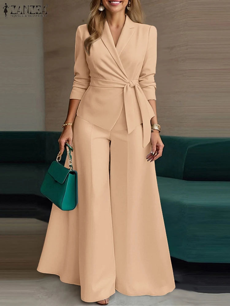 Women's Belted Blazer Wide Leg Pants Suit