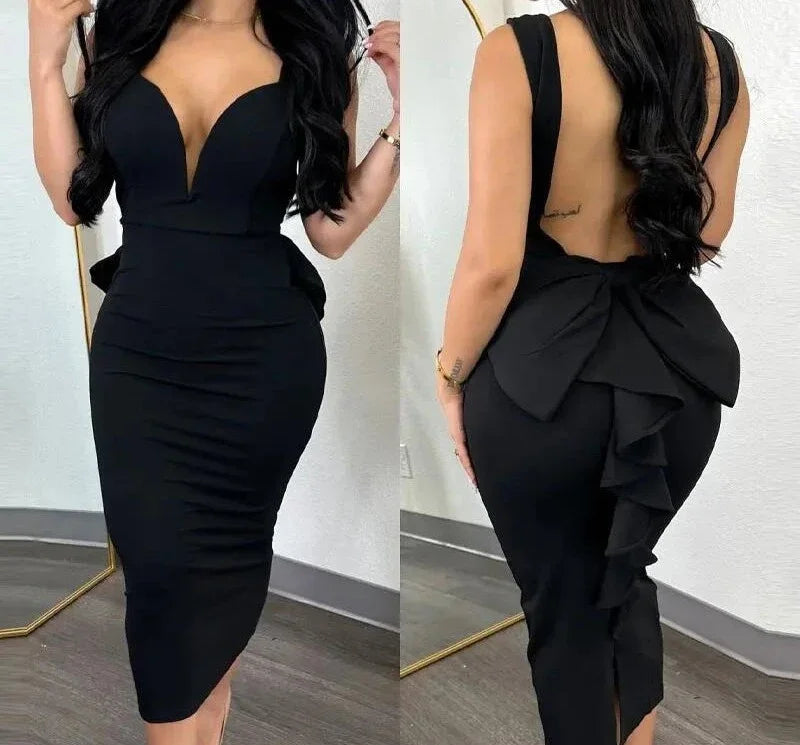 Women's Deep V Open Back Split Bodycon Dress
