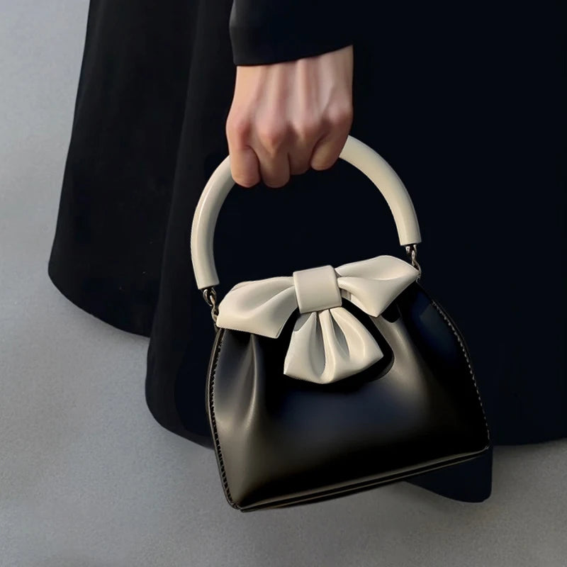 Women's Pleated Bow Contrast Color Bucket Bag