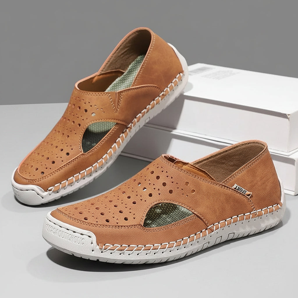 Hand-Sewn Leather Hollow-Out Sandals Unisex Casual Outdoor Walking Shoes