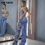 Women's High-Waist Cutout Criss Cross Wide Leg Denim Pants