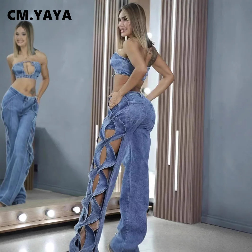 Women's High-Waist Cutout Criss Cross Wide Leg Denim Pants