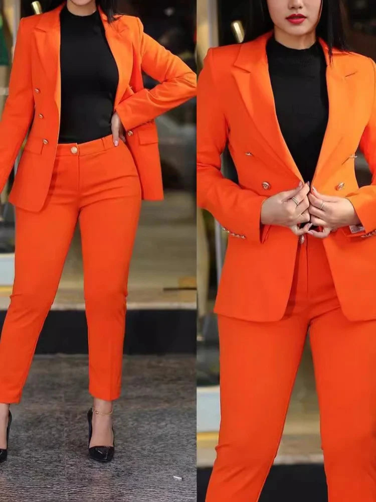 Women's Solid Lapel Blazer Slim Pants Set