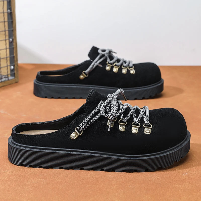 Men's Suede Closed Toe Lace-up Flat Loafer Slippers
