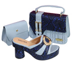 Women's Rhinestone Round Toe Thin Heels and Handbag Set