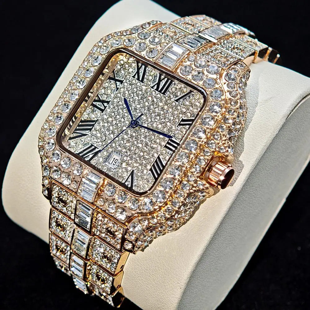 DITALING Men's Hip Hop Square Quartz Watch Stainless Steel 1.7in
