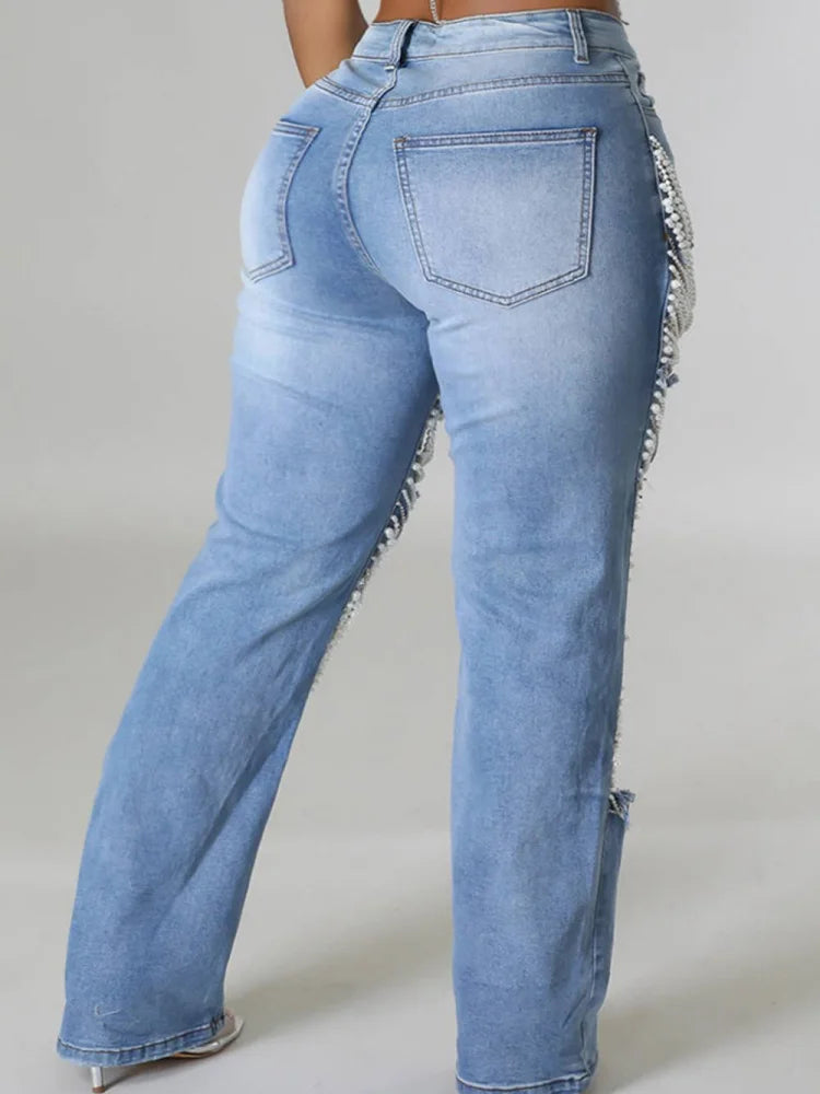 Women's High-Waisted Ripped Wide-Leg Jeans with Pearl Fringe
