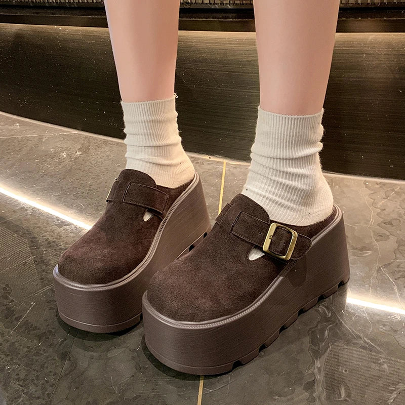 2025 New 9cm Women's Platform Heel Mules Casual Buckle Shoes Closed Toe Backless Slip On Walking Increase Height Wedge Slippers