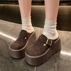 2025 New 9cm Women's Platform Heel Mules Casual Buckle Shoes Closed Toe Backless Slip On Walking Increase Height Wedge Slippers