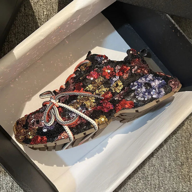 Women's Glitter Platform Sneakers Lace-Up Casual Fashion Shoes
