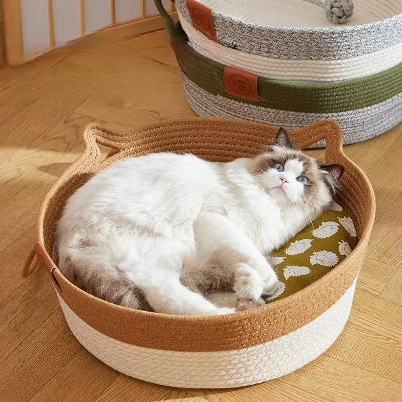 Handwoven Rattan Round Cat Bed Cooling Summer Basket with Cushion