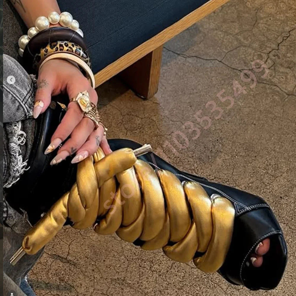 Women's Patchwork Slouchy Heeled Ankle Boots Open Toe Stiletto Lacing
