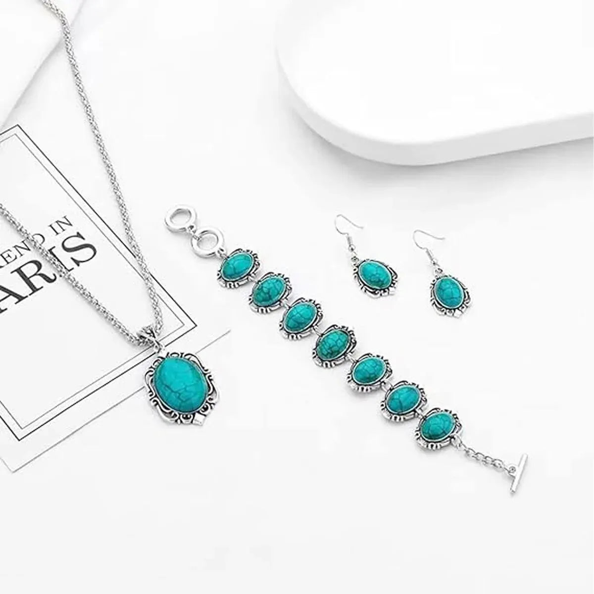 Women's Fashion Vintage Turquoise Bracelet Necklace Earrings Jewelry Set