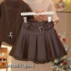 Girls' Knit Sweater Lace Leather Skirt Two Piece Set