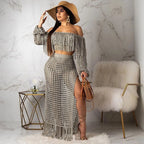 Women's Off Shoulder Tassel Hollow Out Maxi Skirt Set