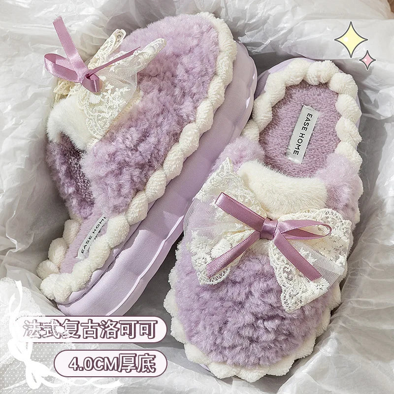 Women's Plush Bow Slippers Non-Slip Winter Indoor House Shoes