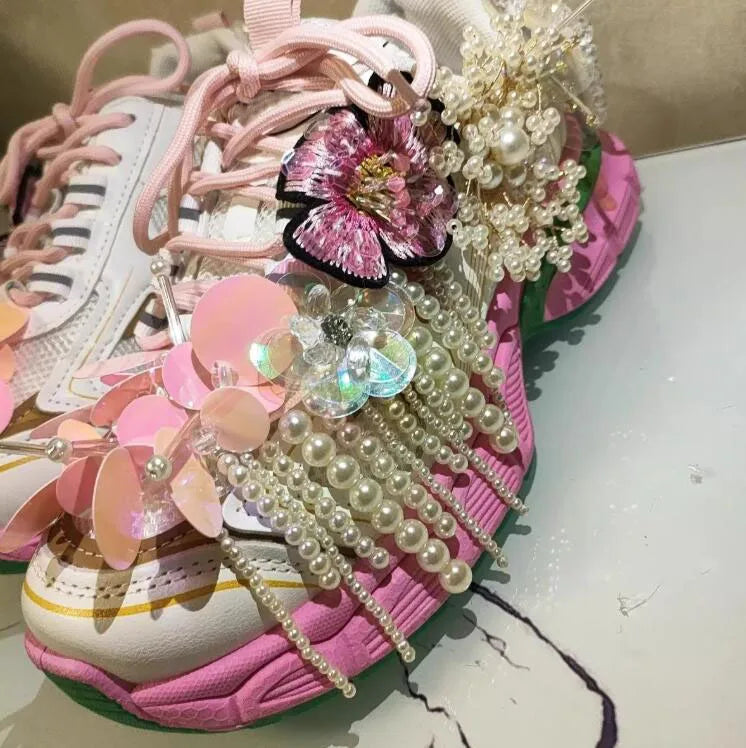 Women's Floral Pearl Beaded Tassel Daddy Sneakers C55-1