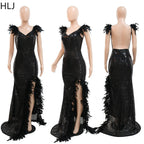 Women's Sequined Feather High Slit Backless Maxi Dress