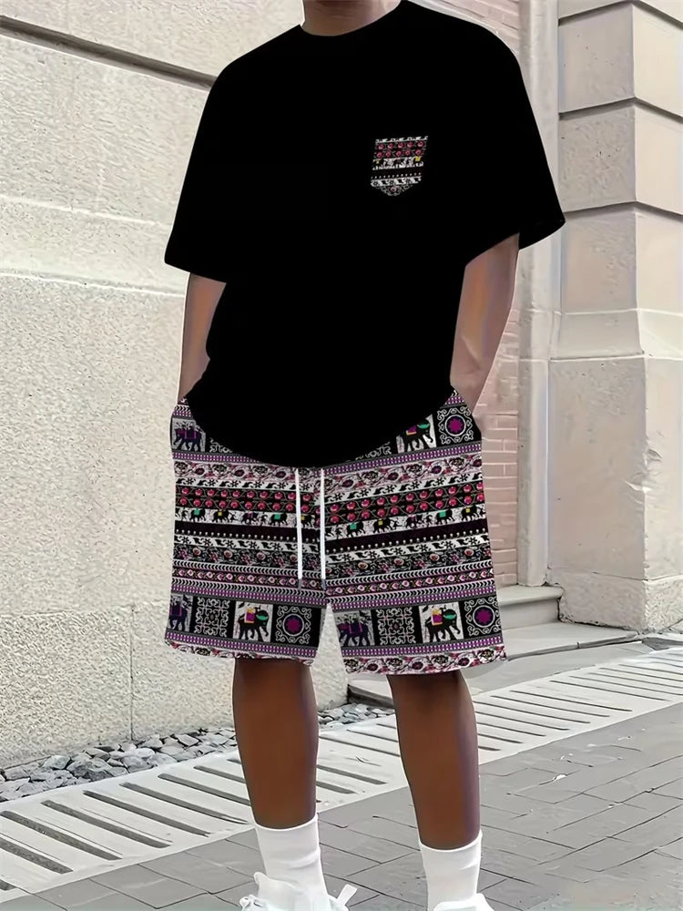 Men's 3D Print Round Neck T-Shirt and Shorts Set