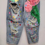 Women's 3D Flower Beaded Elastic High Waist Loose Jeans