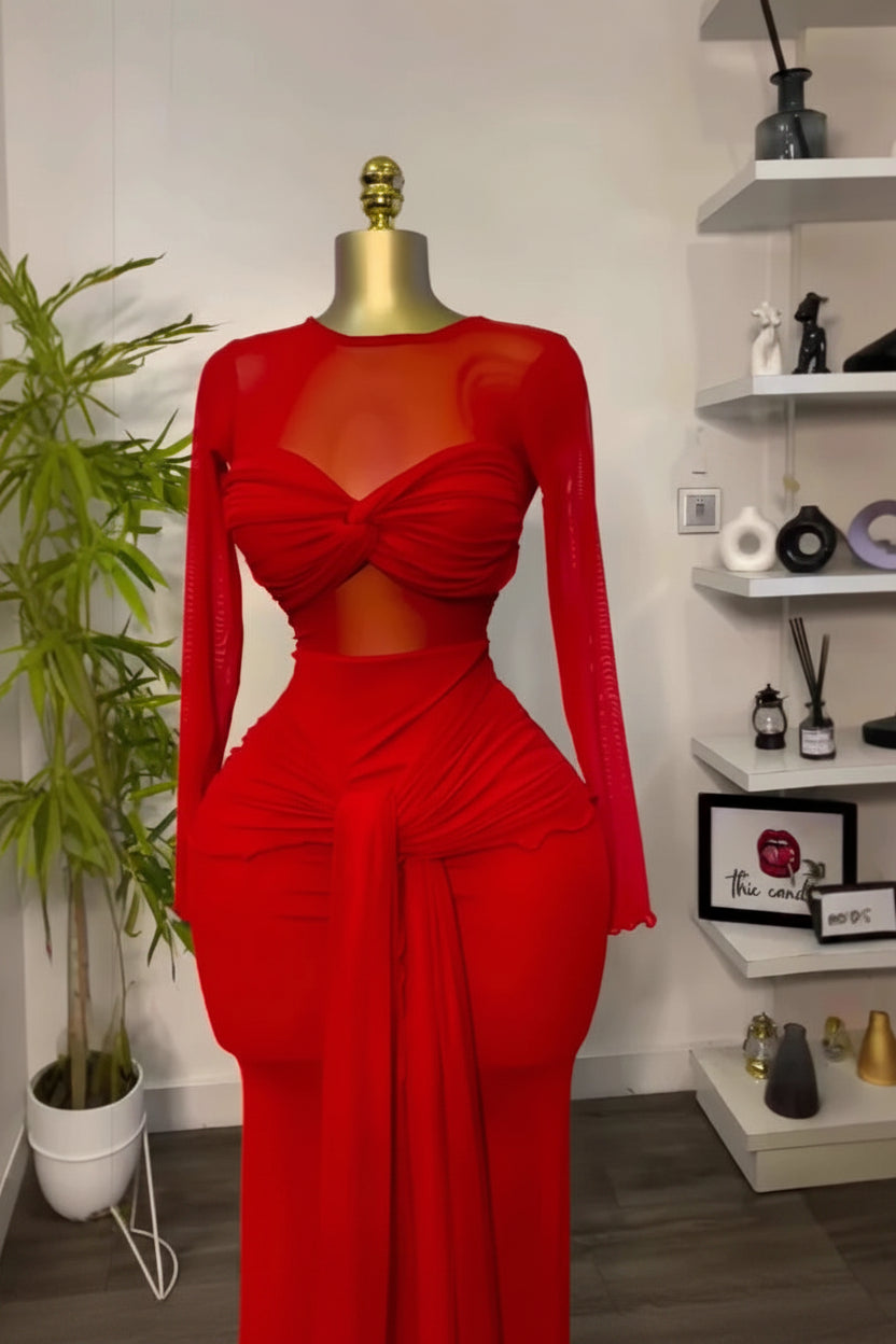 Women's Mesh See-Through Long Sleeve Maxi Dress with Bowknot