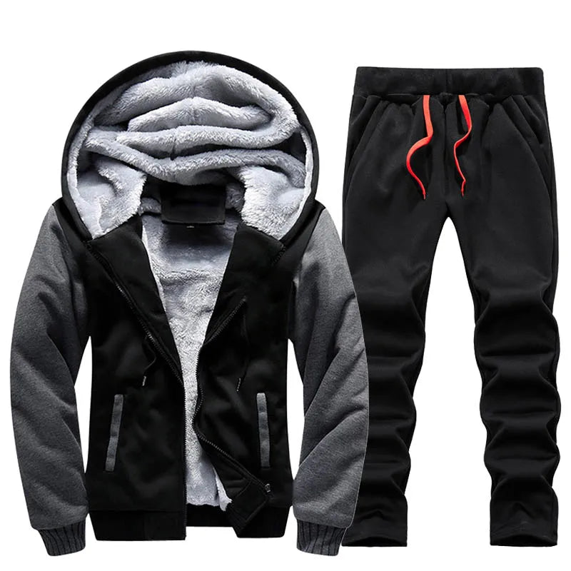Men's Casual Fleece Zip Hooded Jacket and Pants Set