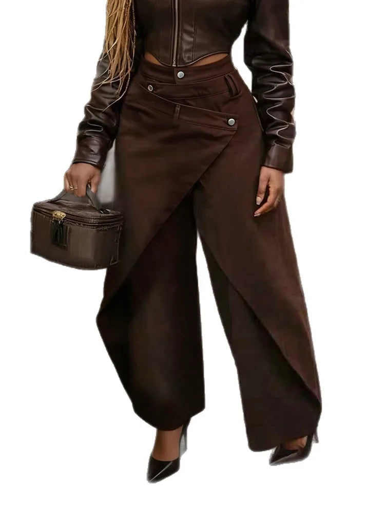 American Retro High Waist Wide Leg Trousers with Metal Buckle
