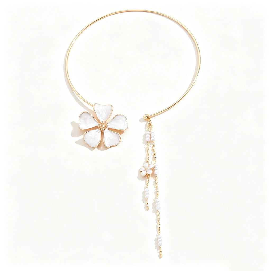 Women's Fashion Bohemian Enamel Flower Pearl Tassel Open Choker Necklace