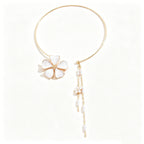 Women's Fashion Bohemian Enamel Flower Pearl Tassel Open Choker Necklace