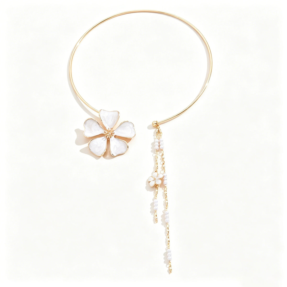 Women's Fashion Bohemian Enamel Flower Pearl Tassel Open Choker Necklace
