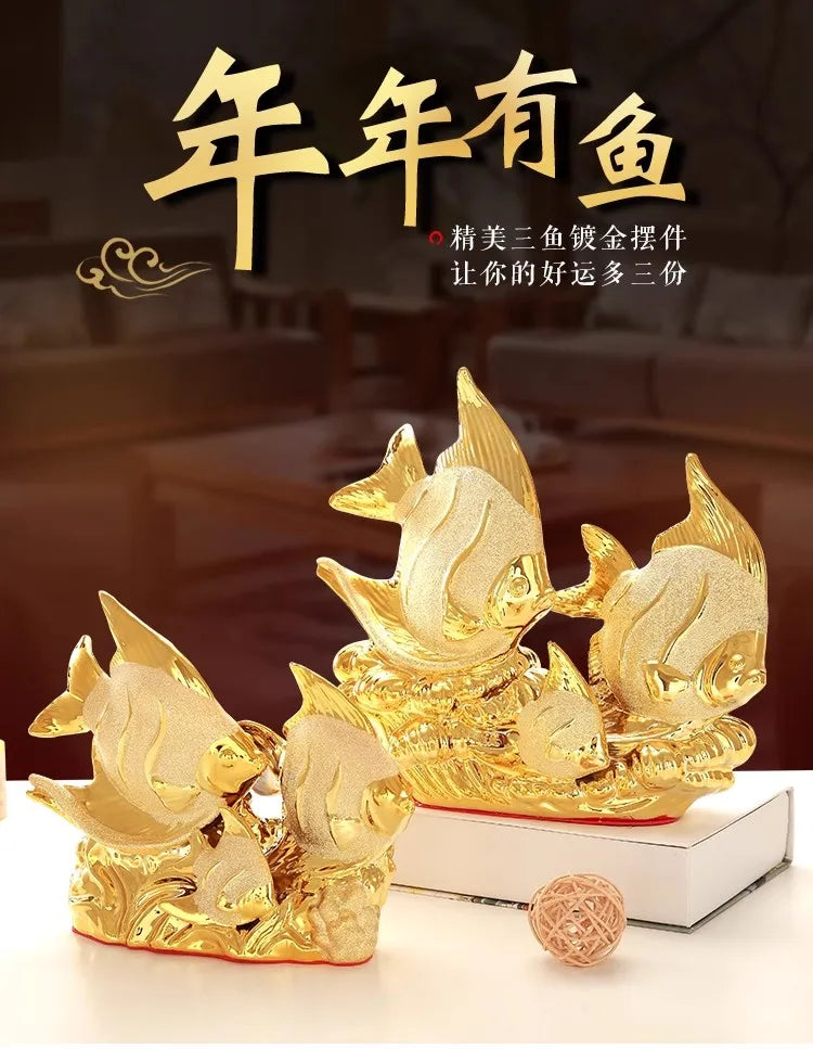 Gold Couple Fish Ceramic Ornament and Porcelain Desktop Figurine