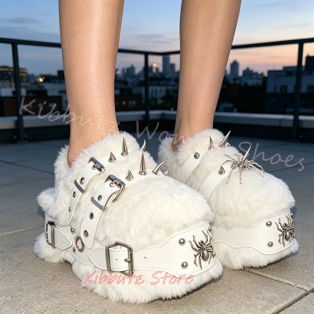 Women's Furry Platform Rivet Sandals Thick Bottom Punk Rock Slippers