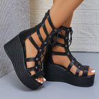 Women's Open-Toe Wedge Ankle Boots Summer Casual Elegant Black